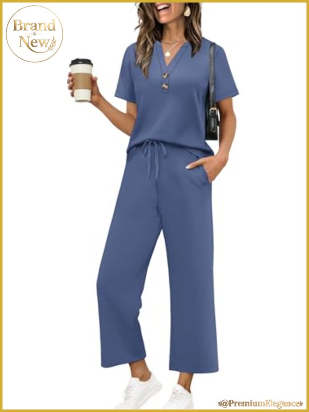 OFEEFAN 2 Piece Set Women Button V Neck Top Wide Leg Crop Pants Vacation